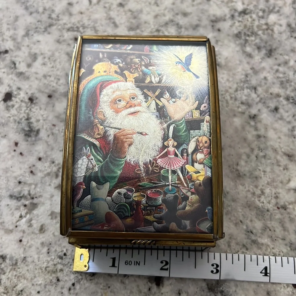 Vintage Etched Christmas Santa Toy Shop Trinket Box